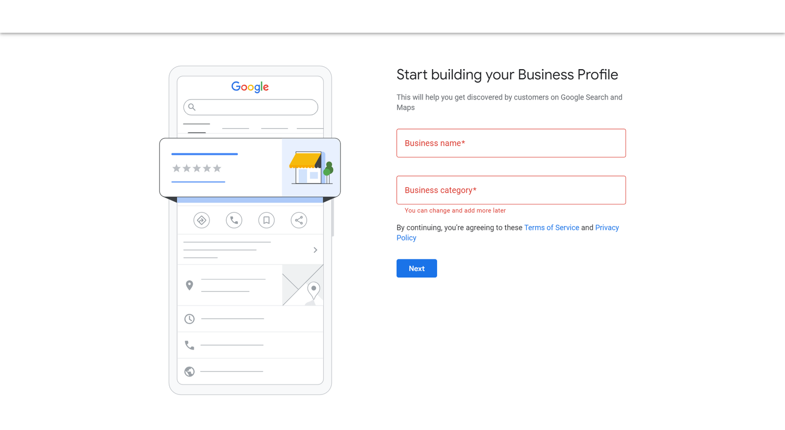 Business name and Business category for GMB